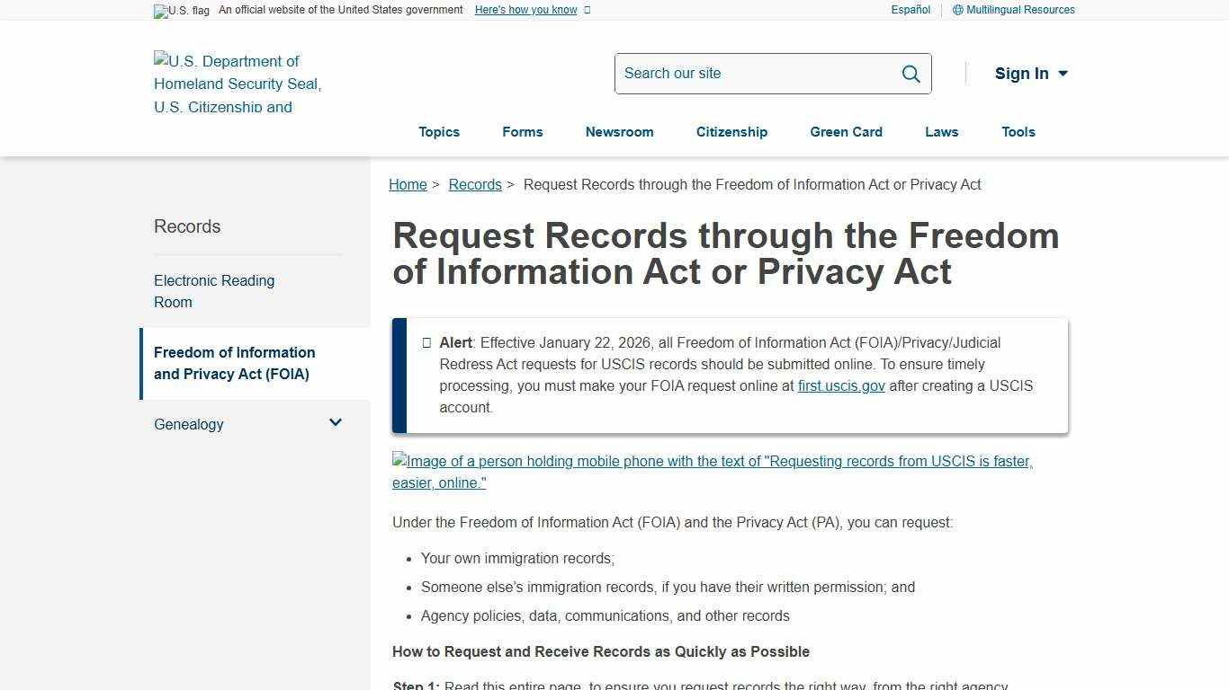 Request Records through the Freedom of Information Act or Privacy Act USCIS